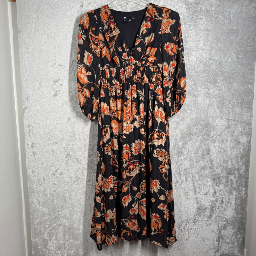 Maison Tara Dress Floral Print Midi Long Sleeve V Neck Black‎ Orange Size 6 - Picture 2 of 9